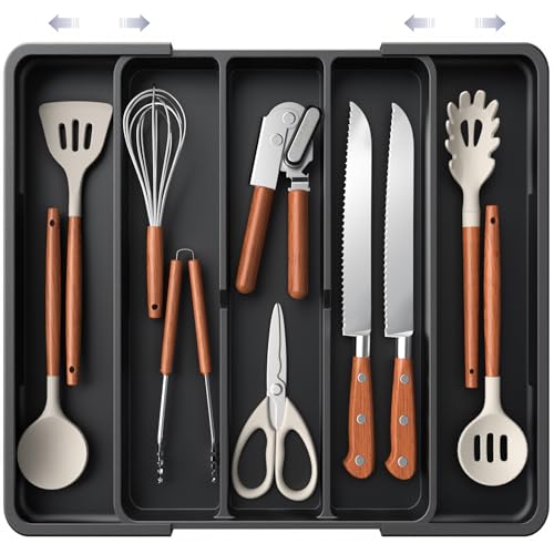 Aujen Silverware Organizer - Expandable Kitchen Drawer Organizer, Adjustable Utensil Organizer, Cutlery Tray for Forks, Knives, Multipurpose Kitchen Organizers and Storage Solution, Black, X-Large - color: Black, size: X-Large