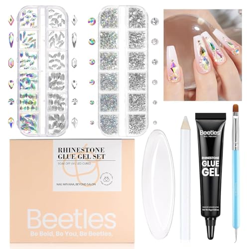 Beetles Gel Polish Nail Glue with Nail Gems Set, 15ml Nail Rhinestone Glue &120+2000Pcs Crystal Glass AB Rhinestones For Nails art, Nail Gems with Double-Ended Clean Up Nail Brush Gifts for Girls - color: 0-6-Nail Art Glue & Rhinestones Set