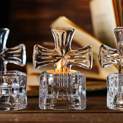 kanpura Clear Glass Cross Candle Holder 4" High Christian Tea Light Holder Cross Crystal Votive Candle Holders for Religious in Box(Single)