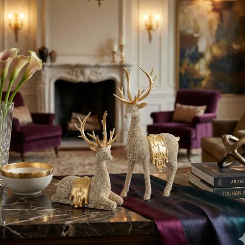 Set of 2 Modern Deer Statues for Home Decor, Handcrafted Resin Elk Sculptures with Intricate Beaded Texture, Elegant Animal Figurines for Living Room, Bookshelf, Office & Housewarming Gift - color: Gold