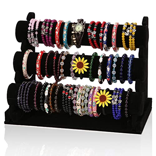 LuiceABC Bracelet Display Stand, 3 Tiers Black Velvet Soft T Bar Bracelet Holder Jewelry Watch Tower Organizer