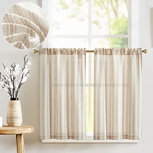 jinchan Taupe Striped Linen Kitchen Curtains 24 Inch Cafe Tier Curtains Balanced Stripe Farmhouse Small Drapes for Bathroom Laundry Over Sink Half Window Light Filtering 2 Panels Tan on Linen - color: Striped Tan on Linen, size: 26"W x 24"L (Pack of 2)
