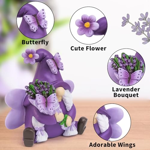 Lavender Gnome Spring Summer Decor, Fairy Garden Purple Gnome with Butterfly & Lavender Bouquet, Gnome Gifts for Women Retirement Birthday Home Office Tabletop Tiered Tray Decor - color: Purple