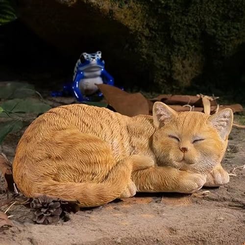 Garden Decor Cat Statue Outdoor, Figurines & Sculpture Decoration, Sleeping Cat Decor for Patio, Porch and Lawn, Gifts for Mom, Memorial Stone - color: Sleeping Cat（orange）