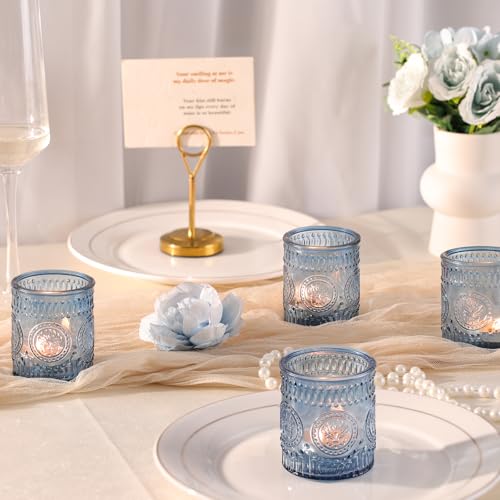 MATAHUM 24 Pcs Blue Votive Candle Holders, Glass Tealight Candle Holders for Wedding Table Centerpiece, Home Decor, Birdal Shower, Party - color: Blue