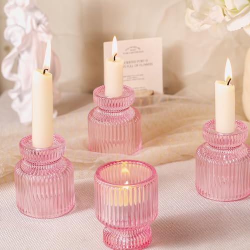 DARJEN 12 Pcs Glass Candlestick Holders- Pink Taper Candlestick Holders Tealight Votive Candle Holders for Table Centerpieces, Wedding, Dinner Party, Home Decor - color: Pink, size: 12Pcs