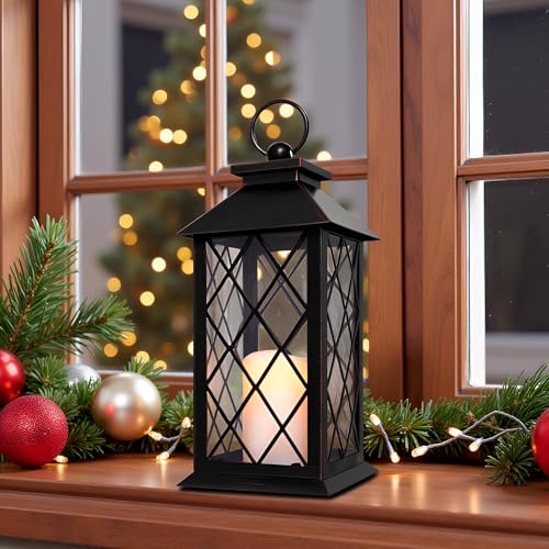 HOSY 13" Metal Vintage Lantern with Pillar Flameless Candles, Battery Operated Decorative Hanging Retro Iron Lantern with LED Plastic Candle (Bronze) - color: Bronze