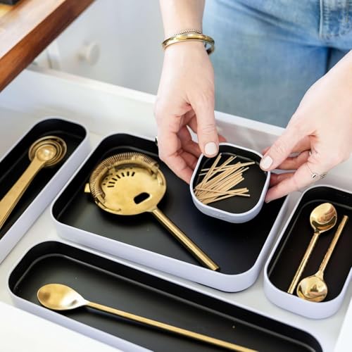 Three by Three Seattle 5 Piece Metal Organizer Tray Set for Storing Makeup, Stationery, Utensils, and More in Office Desk, Kitchen and Bathroom Drawers (1 Inch, Black) - color: Black, size: 5 Piece