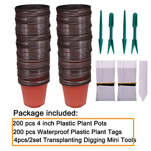 200 Pcs 4 Inch Plastic Seedlings Plants Nursery Pots with 200 Pcs Waterproof Plastic Plant Tags and 2 Set Transplanting Digging Mini Tools for Outdoor use(Red Brown) - size: 4 inch(200pcs)