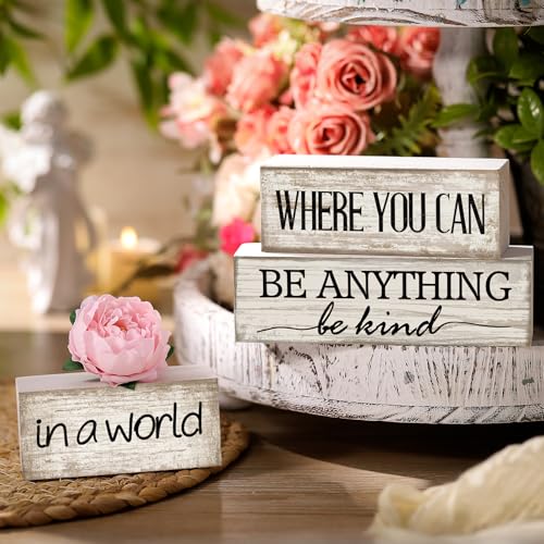 Yuntau 4 Pcs Farmhouse Flower Wooden Tabletop Decor Farmhouse Tiered Tray Decor Rustic Faux Decorative Wood Block Sign Inspired Gift Centerpiece Table sign for Home Shelf Supplies - style: Flower
