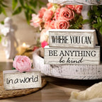Yuntau 4 Pcs Farmhouse Flower Wooden Table Decor Farmhouse Tiered Tray Decor Rustic Faux Decorative in a World Where You Can Be Anything Be Kind Block Sign Inspired Centerpiece for Home Shelf - style: Flower