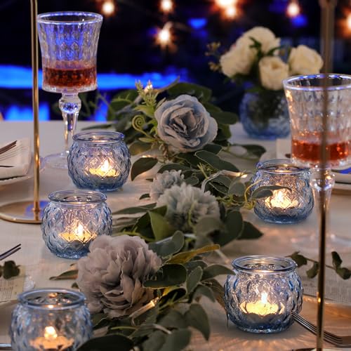 DARJEN 48Pcs Blue Round Candle Holders - Bulk Glass Candle Holders for Vintage Decoration, Tea Lights for Wedding Shower, Party & Gift - color: Blue, size: 48PCS