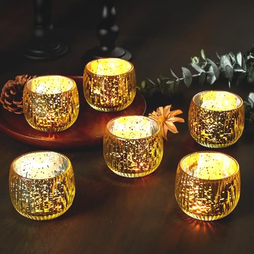 IMAGE Votive Gold Candle Holders, Elegant Glass Tea Light Holder for Weddings, Diwali, Home Decor, Shower, Party & Gift (6)