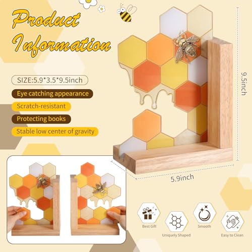1 Pair Honeycomb Bookends Decorative Wooden Book Ends for Shelves Bookshelf Modern Honey Bookend Stoppers Holder for Office Home Desk Book Lover Gift 9.5 x 6 x 3.5 Inches