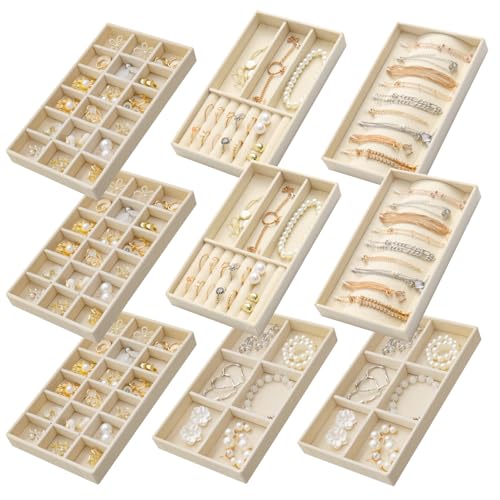SPAKOWN Jewelry Trays Organizer for Drawer, 9 Set of Small Jewelry Display Case Storage Velvet Stackable Drawer Inserts Organizer for Necklaces Bracelets Earrings Rings (Beige) - color: Beige