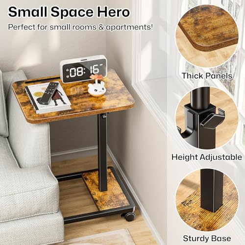 Adjustable TV Tray Table - 360° Rotating C Shaped End Side Table Sofa Couch Bed Table with Wheels for Eating Living Room Laptop - color: Brown