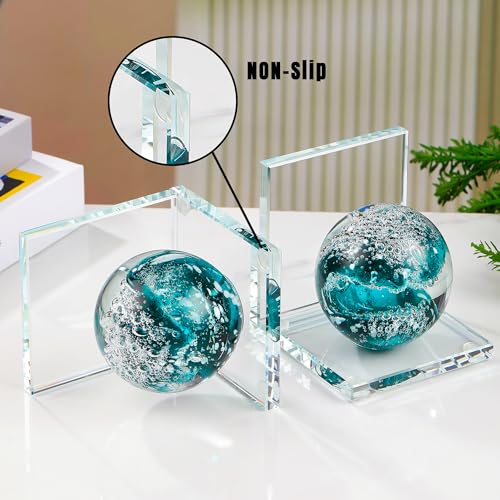 Book Ends for Shelves, Glass Bookends with Dark Blue Glass Hand Blown Sea Wave Ball, Non Skid Sturdy Decorative Bookends for Ocean Lovers, Heavy Books, Office, Set of 2 - color: Dark Blue