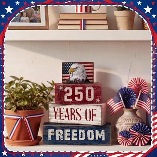 4 Pcs 250th Anniversary 4th of July Decorations USA Patriotic Memorial Day Tabletop Decorations Eagle Red White Blue Table Centerpieces American Flag Sign for Office Tiered Tray Home Shelf Party - style: Eagle Flag