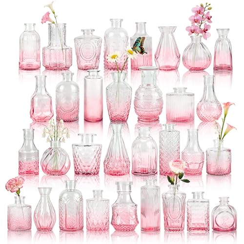 Der Rose Glass Bud Vases Set of 32 Small Pink Flower Vases for Rustic Wedding Centerpieces Table Decorations and Home Office Decor(Pink) - color: Pink