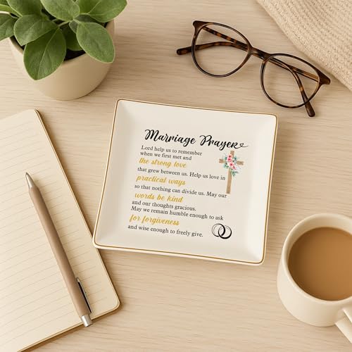 Christian Wedding Gifts for Couple, Marriage Prayer 4" Ceramic Jewelry Dish for Women, Religious Wedding Gift for Newlyweds, Wife - Married Couples Anniversary - Mr & Mrs, Bridal Shower Gift - color: Marriage Prayer