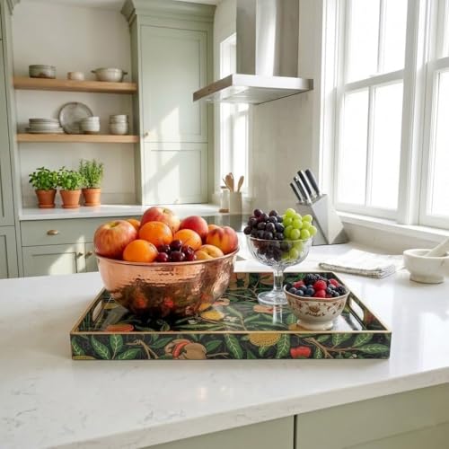 15.8" x 11.8" Black Plastic Serving Tray with Handles, Pomegranate & Lemon Fruit Botanical Pattern with Gold Trim, for Ottoman, Coffee Table, Vanity - color: Pomegranate & Lemon Fruit