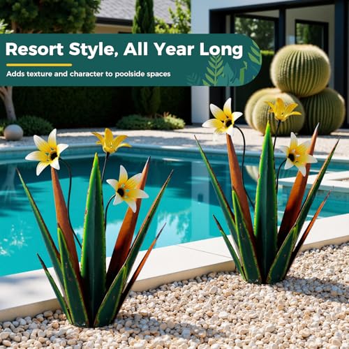 2 Pack Metal Agave Plant Sculptures, Outdoor Agave Plants, Tequila Rustic Sculpture, 16” Hand Painted Garden Decoration Yard Art Plant - color: Retro Green 2pcs W/ Flower