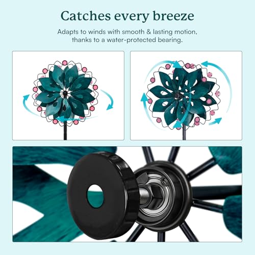 Wind Spinners Outdoor - Metal Garden Wind Spinner with Stake, Windmill for Yard, Gift for Family, 13'' W x 70.5'' H - color: Peacock Blue