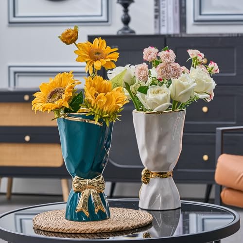 Bow Vase for Home Decor, Gold Vase for Boho Style, 9.65 Inch Large Vases for Ideal Table Decor, Living Room. Ceramic Flower Vases. （Glazed Exterior and Interior） (Green, Large) - color: Green and Gold