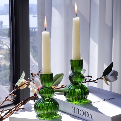 Woho Green Taper Candle Holders Set of 3 for Christmas Decorations, 4.3" H Ribbed Glass Candlestick Holders for Spring Wedding Table, Vintage Candle Sticks Holder Decor Home Decor - color: Green