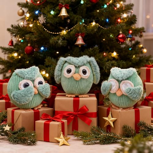 Etistta 3PCS Owl Plush for Home Decor 5 inch, See No Evil Hear No Evil Speak No Evil Owl Gifts for Women Bedroom Bird Christmas Decoration (Green)
