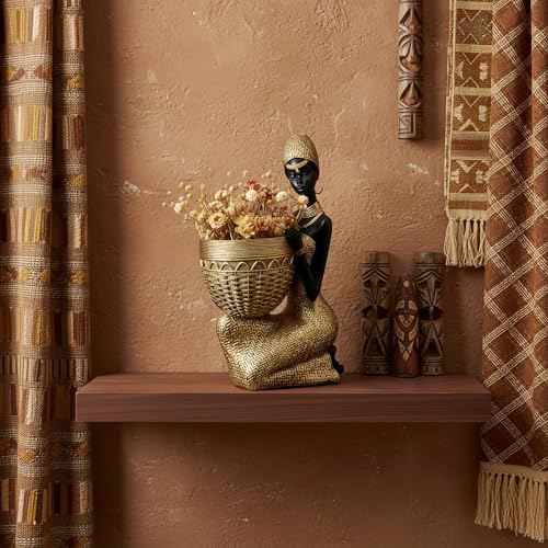 Lescafita Handmade African Tribal Woman Sculpture - Gold Adorned Seated Figure with Basket, Vintage Resin Statue for Home Decor, Unique Housewarming Gift for Shelf/Table (9.65" H) - color: 305-gold