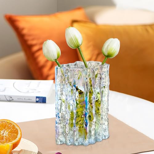 Aoderun Glass Vase Crystal Vase Heavy Duty Large Flower Vase for Dining Table Kitchen Office Home Shelf Wedding Living Room Centerpieces(Iridescent Clear) - color: Iridescent Clear