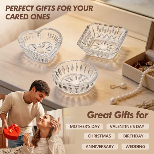 Set of 3 Clear Jewelry Dish Tray for Women Crystal Ring Holder for Wedding Engagement Birthday Mother's Day(Round, Square, Heart)