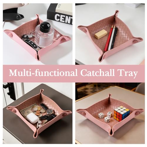KINIVA 2 Pack PU Leather Jewelry Valet Tray for Men Women,Small Key Bowl for Entryway Table,Portable Travel Catchall Dice Tray (Square-Pink-2pcs) - style: Square-Pink-2pcs
