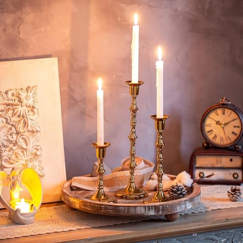 Brass Candlestick Holders Vintage: Tall Gold Taper Candle Holder Antique Candle Stick Holders for Christmas Wedding Centerpieve Living Room Mantle Home Decor Bridal Shower Set of 3 - size: 1 Set(3 Pcs)