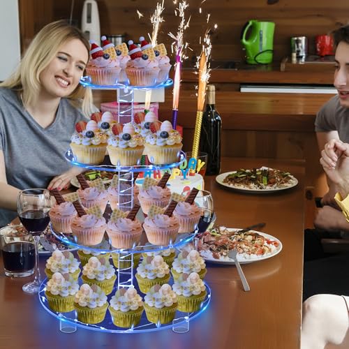 YestBuy 4 Tier Round Cupcake Stand – Premium Cupcake Holder – Acrylic Cupcake Tower Display- Cady Bar Party Décor + LED Light String – Ideal for Weddings, Birthday Parties & Events (Blue) - color: Blue, size: 4 Tier Round