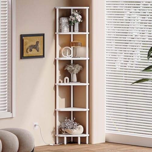 6 Tier Corner Shelf with LED Light, 66.5'' Tall Standing Shelf, Narrow Display Shelf Stand, Modern Corner Bookshelf, Plant Stand, Corner Bookcase for Living Room, Bedroom, Small Space LCS502WE - color: White With Light