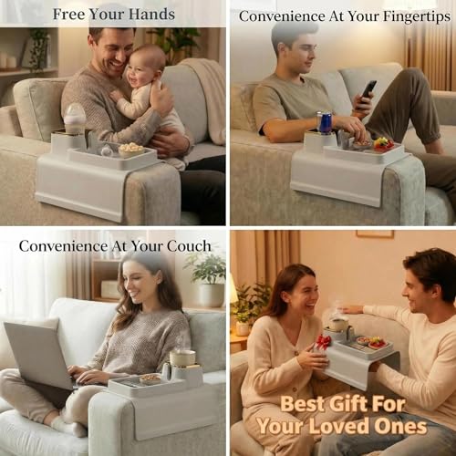 Luxury Gold Trim Couch Cup Holder Tray - Weighted Silicone Anti-Spill Sofa Armrest Organizer, Non-Slip Recliner Tray Table for Drinks, Remote, Phone - Fits Most Couch Arms, Home Gift (Beige Grey) - color: Beige Grey