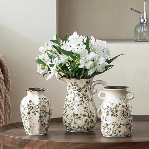 Ceramic Vase Set of 3, Green Chinoiserie Floral Pitcher Vases, Vintage Farmhouse Decor for Mantel, Fireplace, Kitchen Counter, Living Room, Bookshelf - color: 06-green and Beige-set of Three