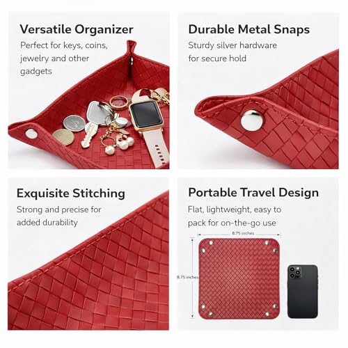 UnionBasic Small Valet Tray, Jewelry Tray for Rings Watches Earrings, Entryway Catchall Caddy for Coins Keys Change, Nightstand Bedside Valet Holder, Trays for Electronic Gadgets, Woven Red - color: Woven Red, size: 5.4" x 5.4" x 1.6"
