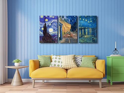 Wieco Art Large 3 Panels Canvas Prints of Vincent Van Gogh Paintings Reproduction Starry Night Over the Rhone Cafe Terrace at Night Canvas Wall Art for Living Room Home Office Decor - color: Van Gogh Paintings, size: 16 x 24 inches (Unframed)