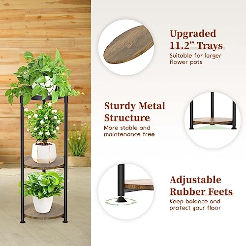 KMOTASUO 3 Tier Black Plant Stand Indoor for Large Tall Heavy Duty Planter, Multiple Sturdy Metal Flower Corner Rack for Narrow House Floor, Iron Vertical Level Round Orchi Holder Organizer, Modern - color: Black + Brown, size: 3 Tier