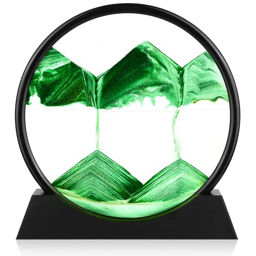 Herecanli Moving Sand Art Picture - 3D Quicksand Painting Decor - Round Glass 3D Deep Sea Sandscape - Relaxing Decoration for Home,Office,Desk,Mantle,Bookshelf,Room- (Green, 7 in) - color: Green, size: 7"