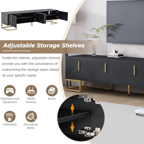 ON-TREND Modern TV Stand with Metal Legs and Gold Handles for TVs Up to 80'', Media Console Table with Cabinets and Adjustable Shelves, Luxury TV Cabinet with Geometric Lines for Living Room, Black - color: Black+gold1