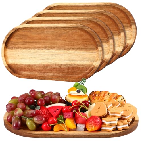 Yaomiao 4 Pcs Acacia Wooden Serving Tray Oval Shaped Rustic Wood Plates Large Decorative Natural Tray Serving Platter for Food Charcuterie Cheese Dish Bread Fruit Kitchen(14 x 7 Inch) - size: 14 x 7 Inch