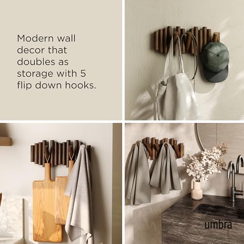 Umbra Picket Wall-Mounted Coat Rack Rail Hook with 5 Retractable Wood Pegs – Modern, Space-Saving Storage Organizer, Walnut - color: Walnut, size: 5-Hook