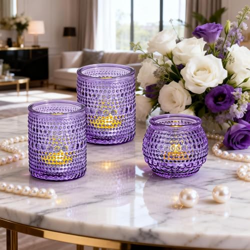 Rubtlamp Purple Votive Candle Holders Set of 24, Glass Candle Holders Bulk for Table Centerpiece, Tea Lights Candle Holder Glass for Wedding Shower, Home Party Decor - color: Purple