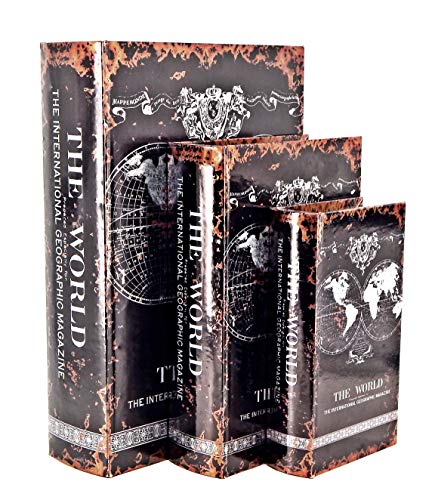 Bellaa Decorative Book Box Antiques Vintage Retro Invisible Secret Storage Faux Leather Wood Magnetic Set of 3 (Antique Map B) - style: Antique Map B