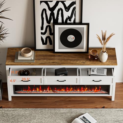 BVIUNTWO Modern Fireplace TV Stand for Up to 75 Inch TV, Entertainment Center with 60" Electric Fireplace for 65 75 Inch TV, 65" TV Stand with Storage Cabinet Drawer for Living Room (Off White) - size: 65 Inch