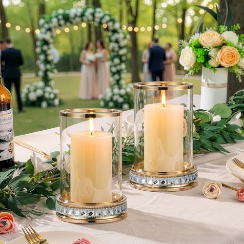 2pcs Hurricane Candle Holder, Pillar Candle Holders with Clear Glass Sleeve, Small Crystal Lantern for Fall Thanksgiving Christmas Holiday Dining Table Centerpiece (Gold) - color: Gold
